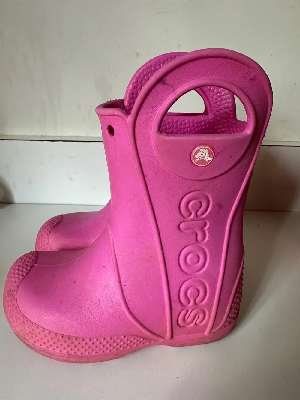 Kids Waterproof Pull-On Pink Rain Boots with Easy Grab Handles
